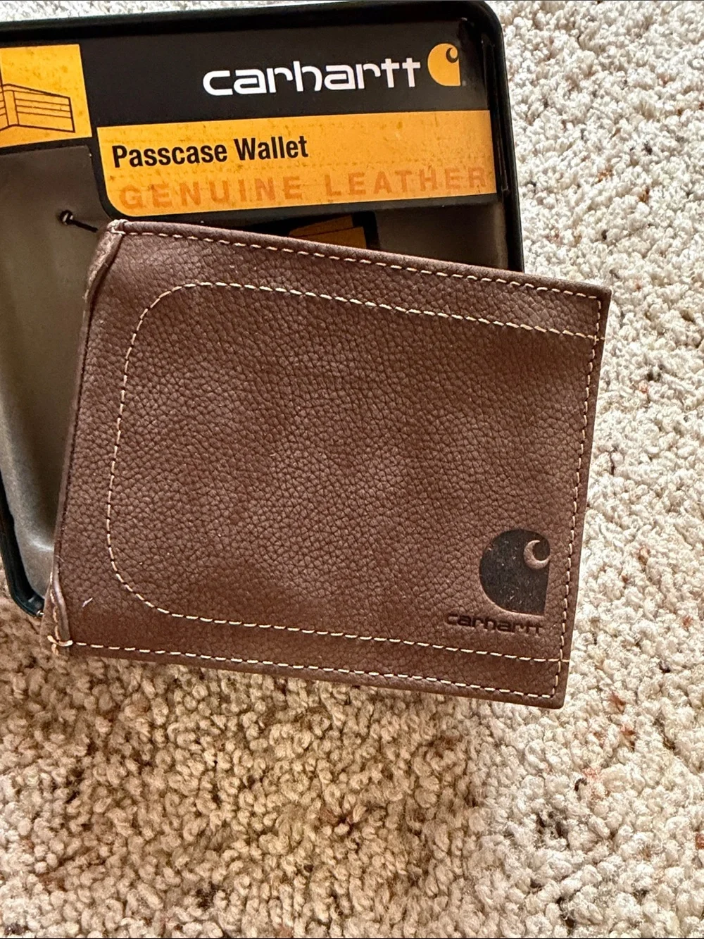 NEW Carhartt Brown Leather Passcase Wallet with Yellow Tin